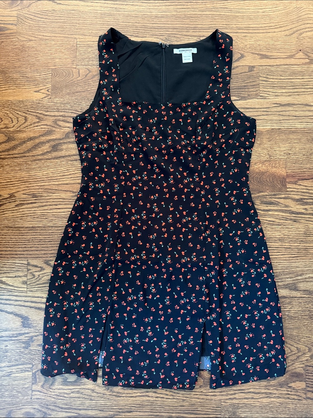 Sleeveless Black Dress with Red Floral Print